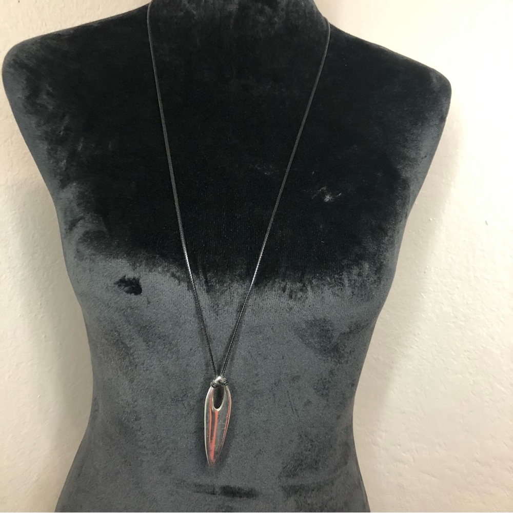 Black Corded Necklace with Silver Abstract Pendant 34” long